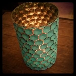 Large blue honeycomb vase/candle holder.